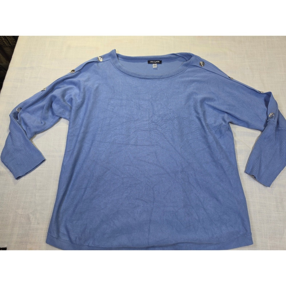 Cable & Gauge Womens 2X Light Blue Button Shoulder Knit Sweater Pullover